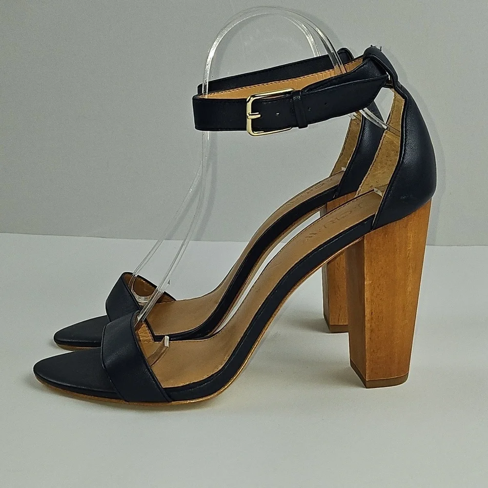 J. Crew Leather Navy Blue Open Toe Ankle Strap Wooden Block Heel Sandal